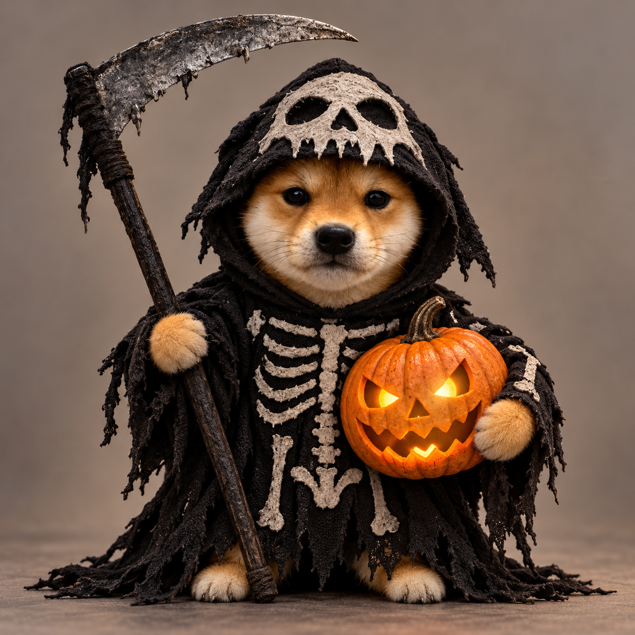 Halloween Inu dressed as a grim reaper holding a glowing jack-o-lantern